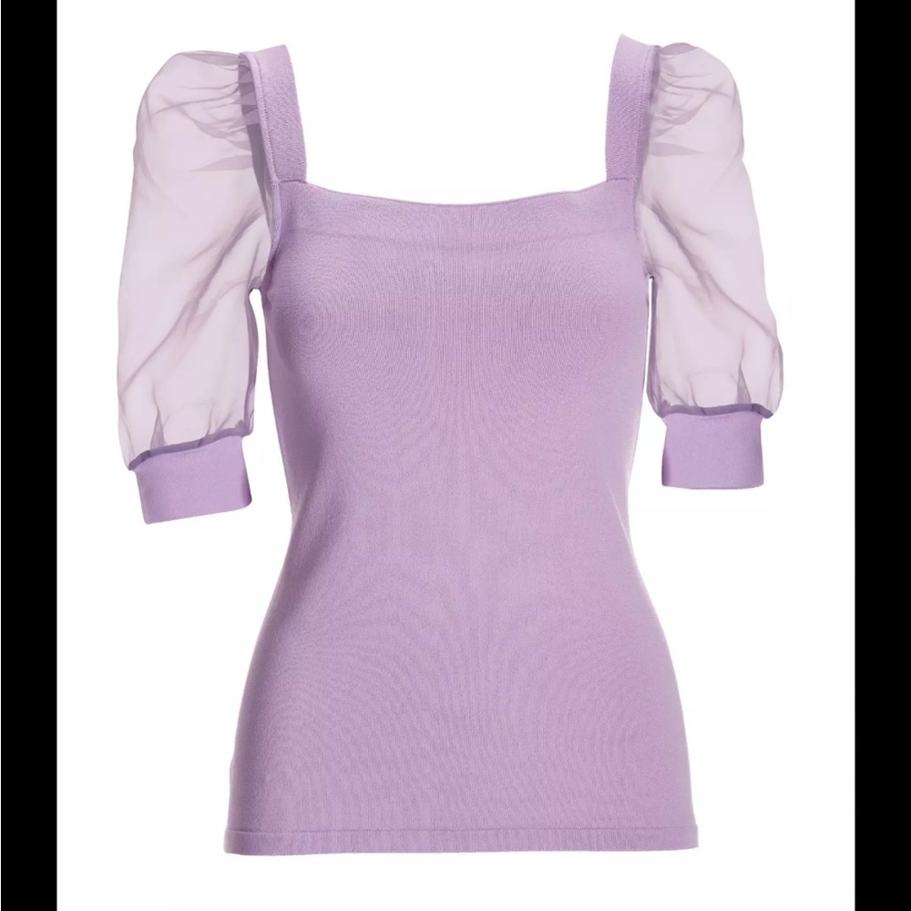 La Cite Lavender Puff Sheer Short Sleeve Square Neck Blouse‎ Top Size Large
